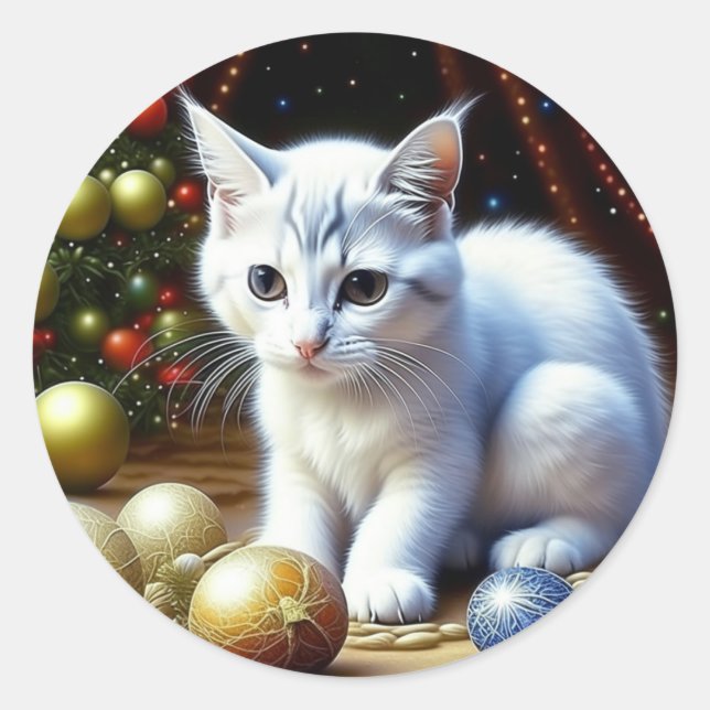 White Kitten Spiel mit Gold Weihnachtsschmuck Runder Aufkleber (Vorderseite)
