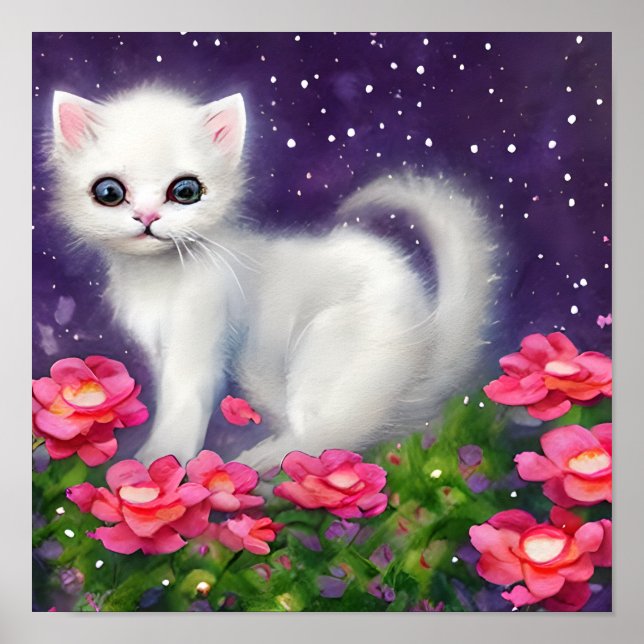 White Kitten umgeben von Blume Poster (Vorne)