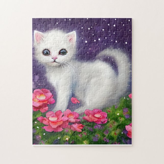 White Kitten umgeben von Blume Puzzle (Vertikal)