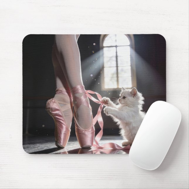 White Kitten Untying a Ballerina Slipper Mousepad (Mit Mouse)