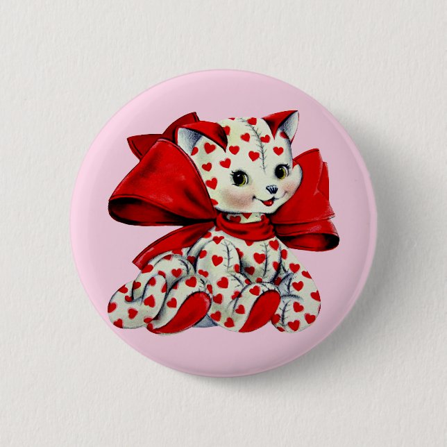 White Kitty Cat Vintag Valentine Art Button (Vorderseite)