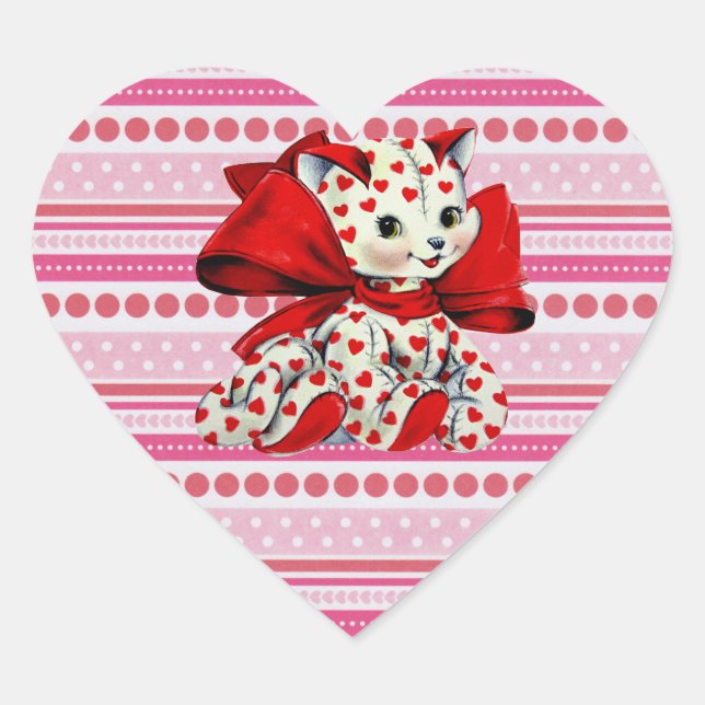 White Kitty Cat Vintag Valentine Art Herz-Aufkleber (Vorderseite)