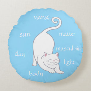 White Kitty Cat Yoga & Editable Text auf Türkis Rundes Kissen