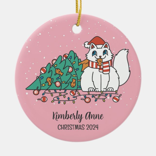 White Kitty Christmas Cat Snowy Winter Holiday Keramik Ornament (Vorne)