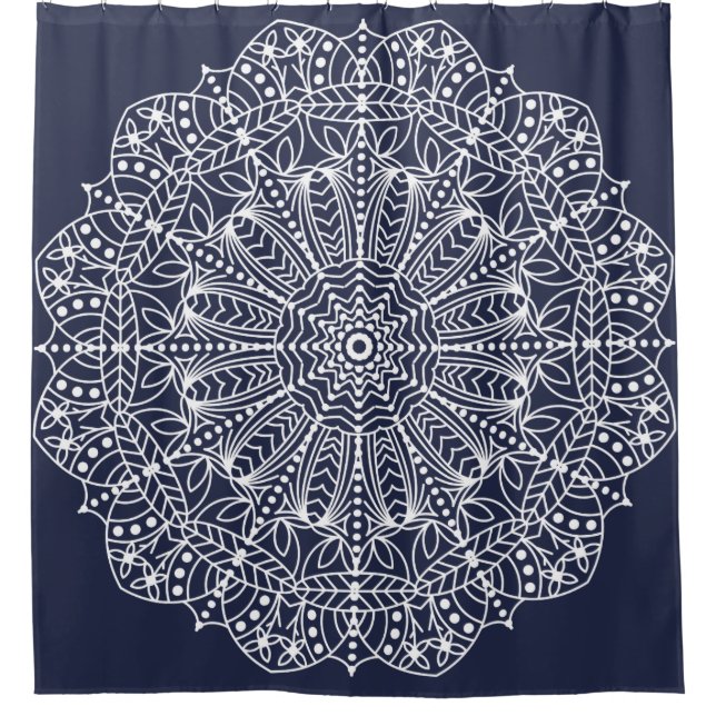 White Kontur Bohemisch Floral Mandala Duschvorhang (Vorderseite)