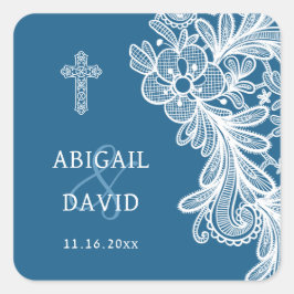 White Lace auf Blue Religious Wedding Quadratischer Aufkleber