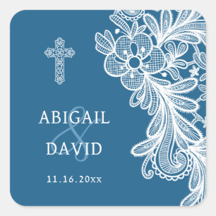 White Lace auf Blue Religious Wedding Quadratischer Aufkleber