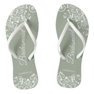 White Lace auf Sage Green Bridesmaid Hochzeit Flip Flops
