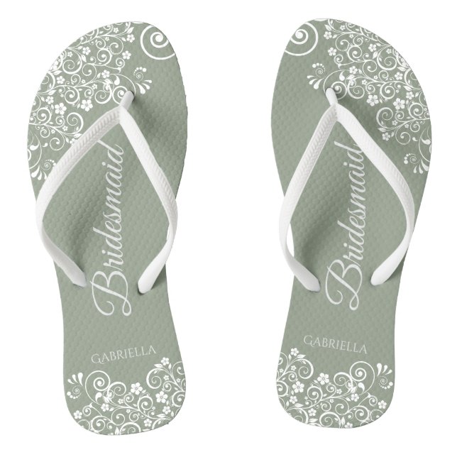 White Lace auf Sage Green Bridesmaid Hochzeit Flip Flops (Fußbett)