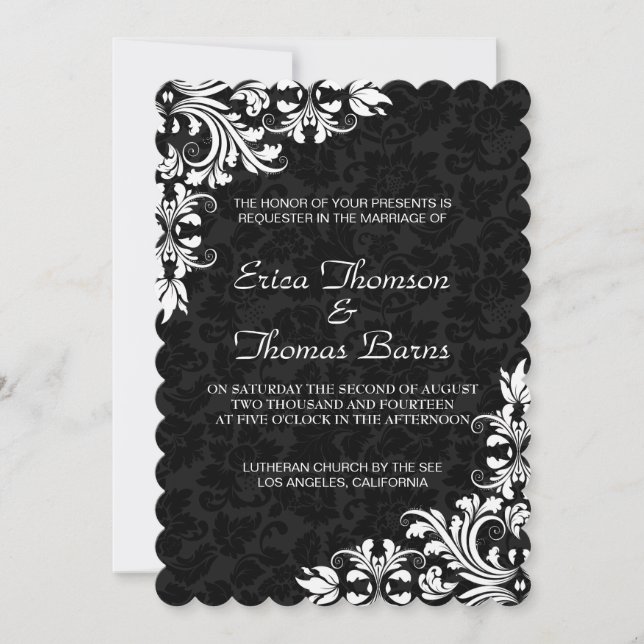 White Lace Black Damasks Einladung zur Hochzeit (Vorderseite)