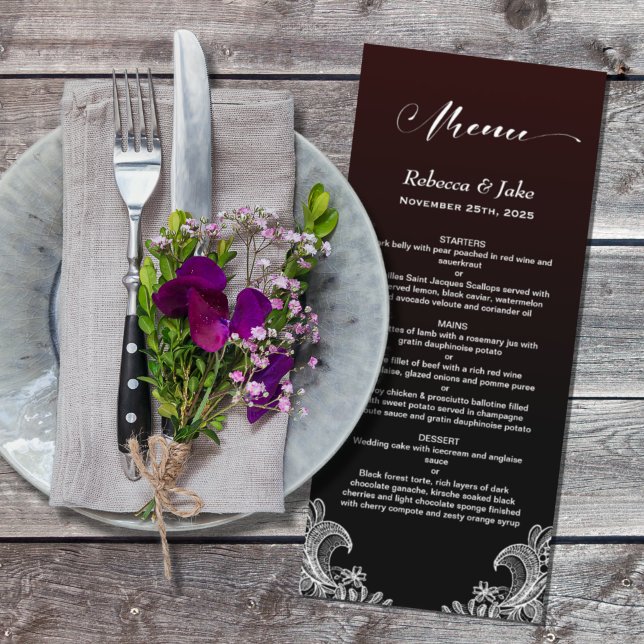 White Lace Black und Burgund Wedding Menu Menükarte (Von Creator hochgeladen)