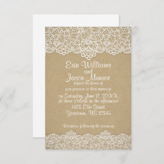 White Lace Brown Paper Wedding Einladung
