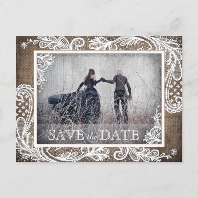 White Lace Burlap Modern Goth Foto Save the Date Ankündigungspostkarte (Vorderseite)