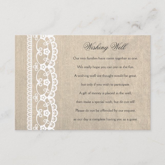 White Lace & Burlap Wishing Well Wedding Card Begleitkarte (Vorderseite)