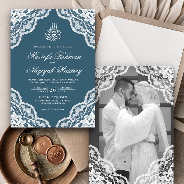 White Lace Dusty Blue Muslim Wedding Foto Einladung (Von Creator hochgeladen)