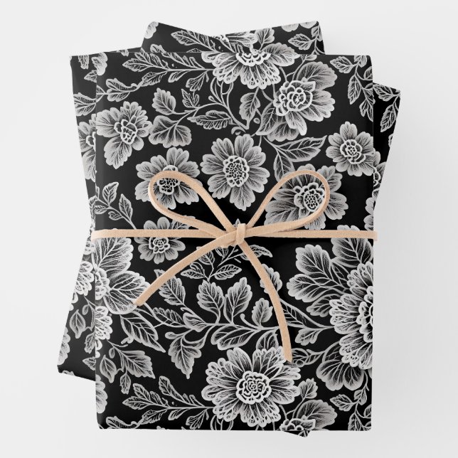 White Lace Florals auf Black Geschenkpapier Set (Beispiel)