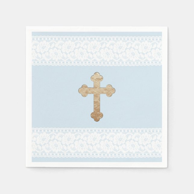 White Lace Gold Cross Baby Blue Religious Paper Serviette (Vorderseite)