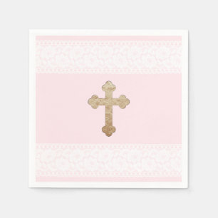 White Lace Gold Cross Rosa Religious Paper Serviette