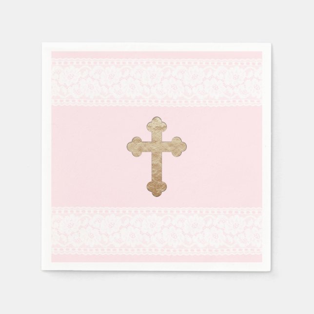 White Lace Gold Cross Rosa Religious Paper Serviette (Vorderseite)
