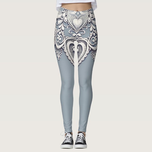 White Lace Herz Romantischer Charm Elegante Leggings (Vorderseite)