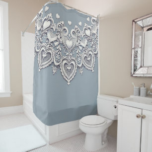White Lace Herz Romantischer Charm Elegantes Blau Duschvorhang