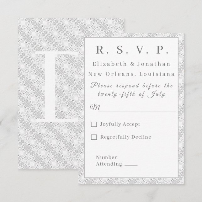 White Lace Katholische Mit Monogramm Antwortkarte RSVP Karte (Vorne/Hinten)