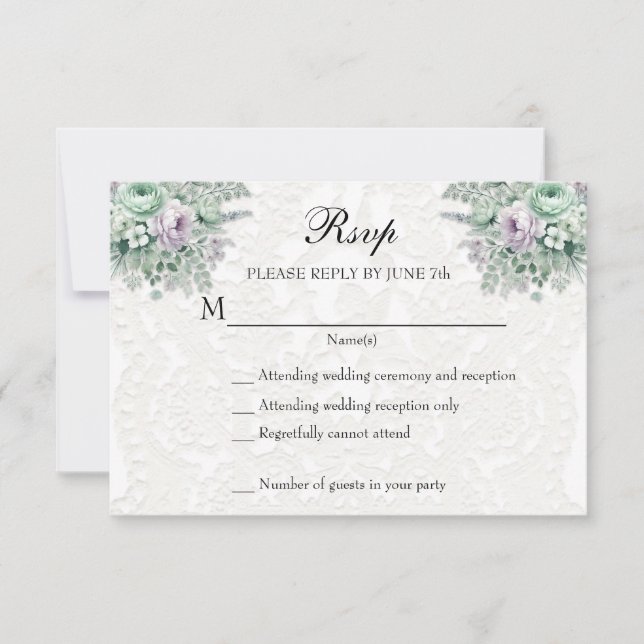 White Lace MInt Green Lavender Floral UAWG RSVP Karte (Vorderseite)