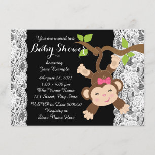 White Lace Monkey Baby Girl Dusche Einladung