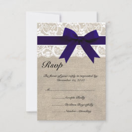 White Lace NavyRibbon and Burlap Wedding RSVP Card Karte