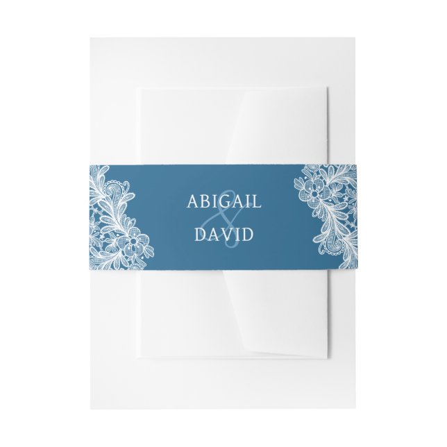 White Lace on Blue Wedding Einladungsbanderole (Vorderseite Beispiel)