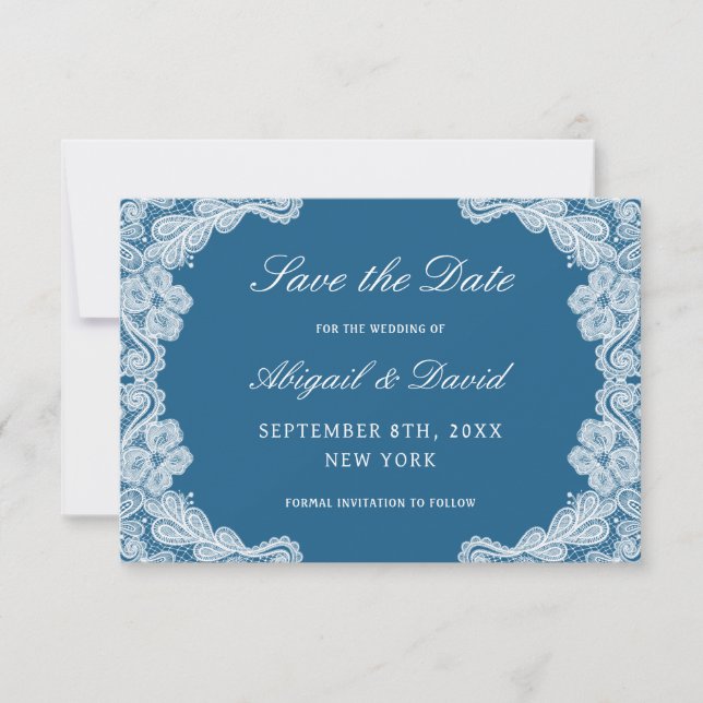 White Lace on Blue Wedding rettet das Datum Save The Date (Vorderseite)