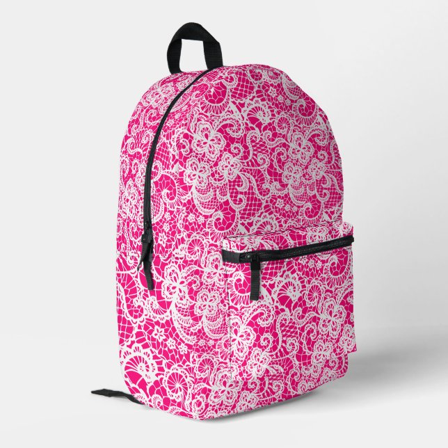 White Lace On Bright Pink Bedruckter Rucksack (Rückseitige Ecke links)