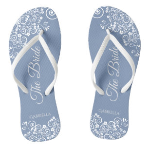 White Lace on Dusty Blue Elegant Bride's Wedding Flip Flops