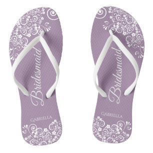 White Lace on Dusty Lila Bridesmaid Wedding Flip Flops