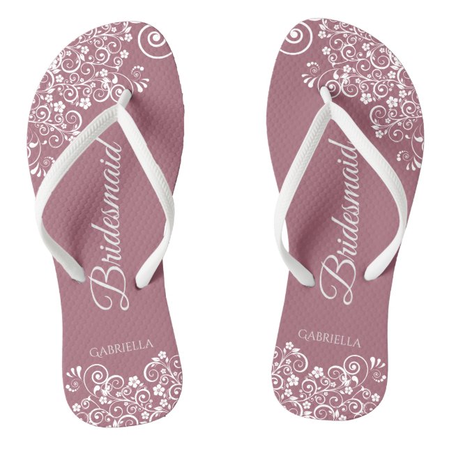 White Lace on Dusty Rose Bridesmaid Wedding Flip Flops (Fußbett)