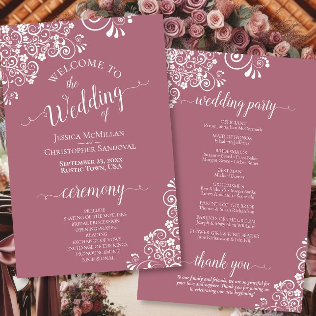 White Lace on Dusty Rose Budget Wedding Programm (Front/Back)