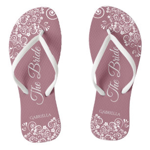 White Lace on Dusty Rose Elegant Bride's Wedding Flip Flops