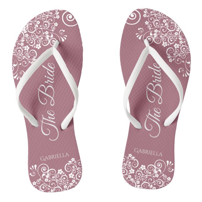 White Lace on Dusty Rose Elegant Bride's Wedding Flip Flops (Fußbett)