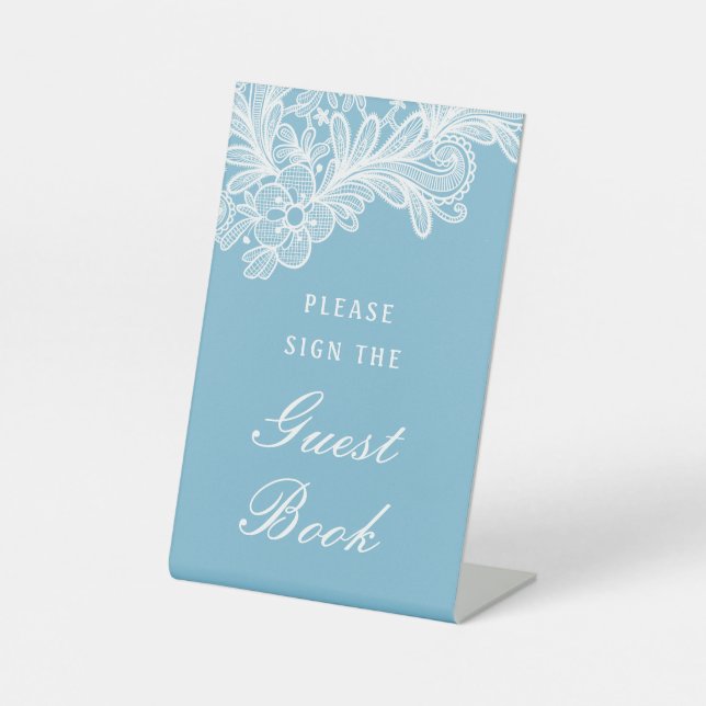 White Lace on Pastel Blue Guest Book Sockelschild (Vorderseite)