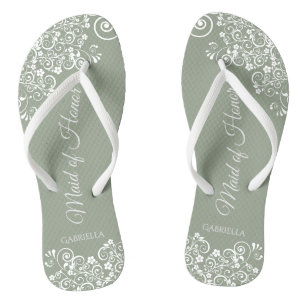 White Lace on Sage Green Trauzeugin Wedding Flip Flops