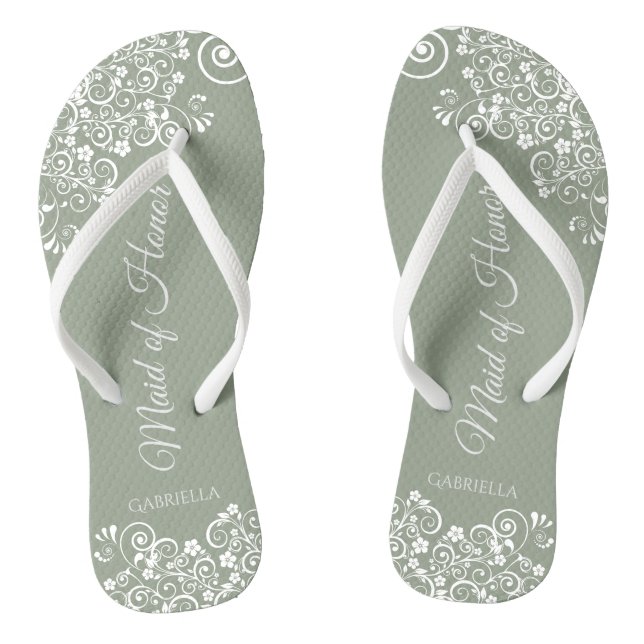 White Lace on Sage Green Trauzeugin Wedding Flip Flops (Fußbett)