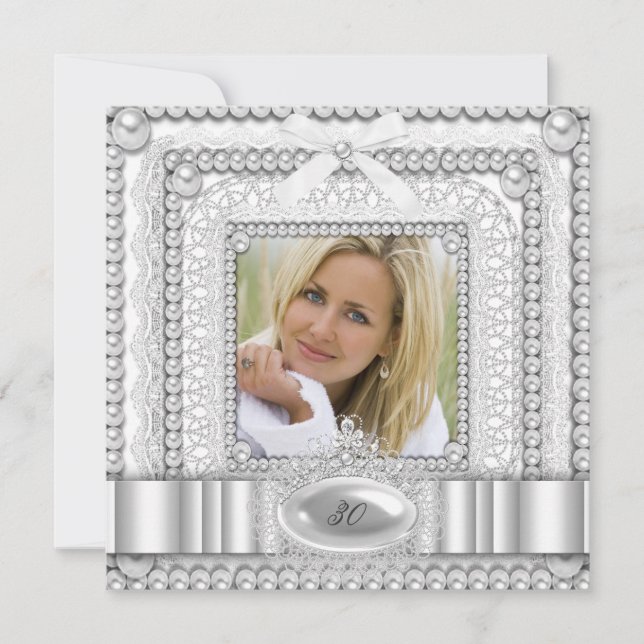White Lace Pearl Foto Geburtstagsparty Einladung (Vorderseite)