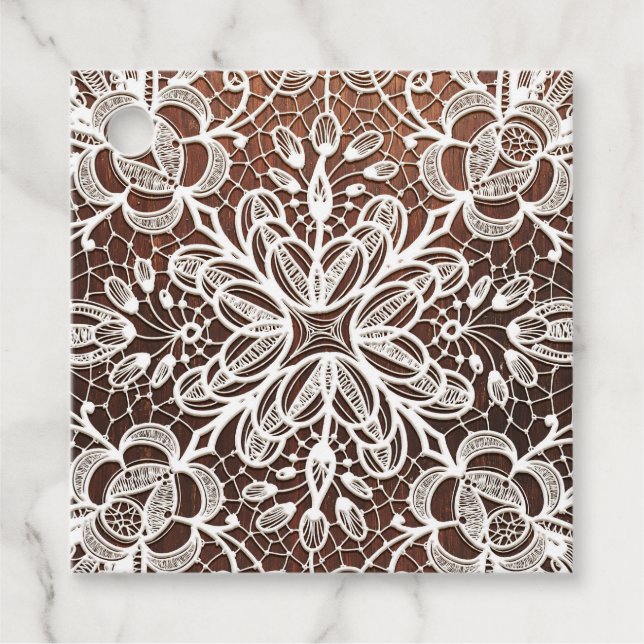 White Lace Rustic Wood Wedding Geschenkanhänger (Vorderseite)