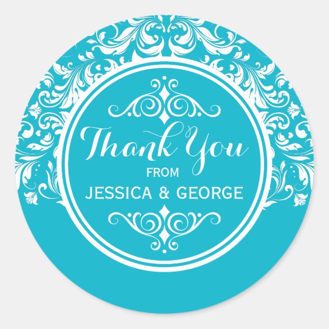 White Lace Turquoise Hintergrund Danke 2 Runder Aufkleber (Vorderseite)