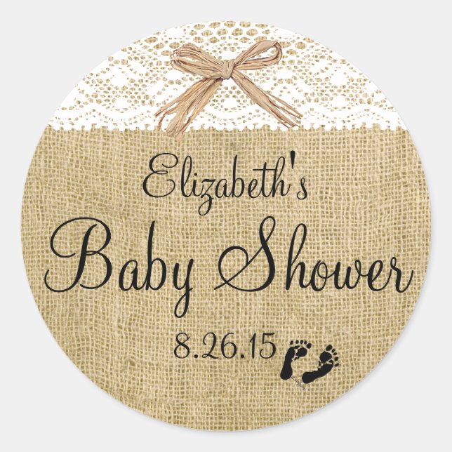 White Lace und Burlap Baby Dusche Gefallen Runder Aufkleber (Vorderseite)