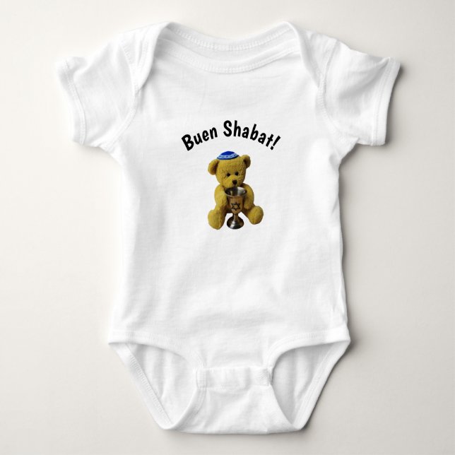 White Ladino Shabbat Teddy Bear Baby Bodysuit Strampler (Vorderseite)