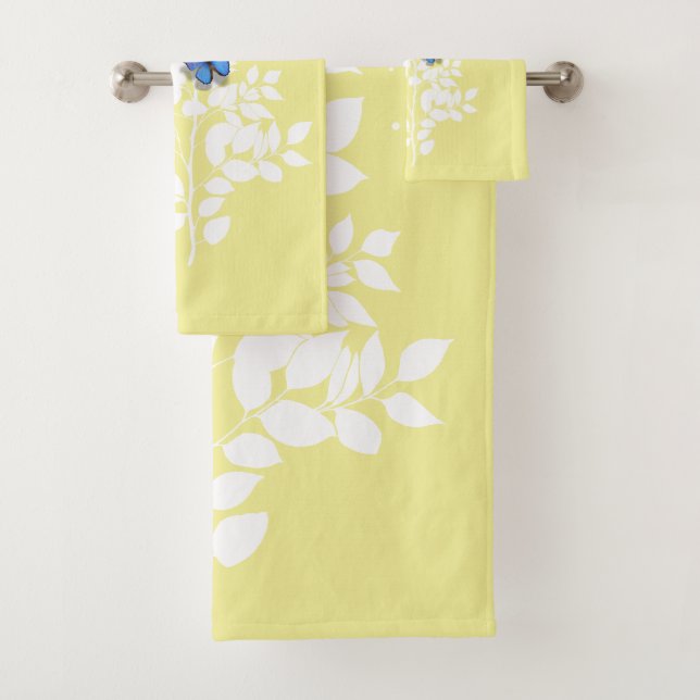 White leafy branch and a blue butterfly badhandtuch set (Insitu)