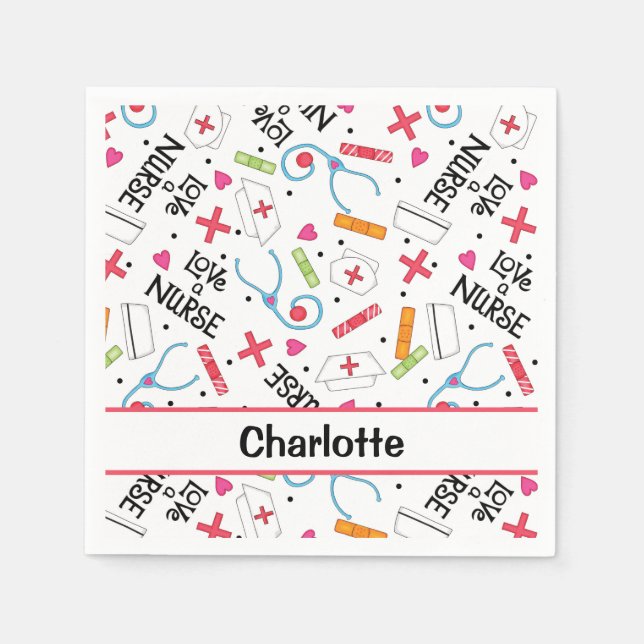 White Liebe a Nurse Whimsy Art Personalisiertes Pa Serviette (Vorderseite)