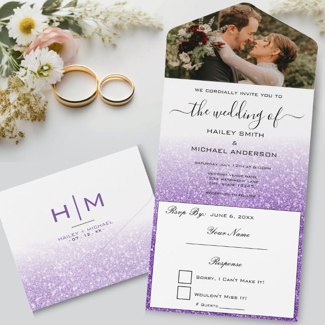 White & Lila Glitzer Ombre Modernes Foto Hochzeit All In One Einladung (White & Purple Glitter Ombre Modern Photo Wedding All In One Invitation)