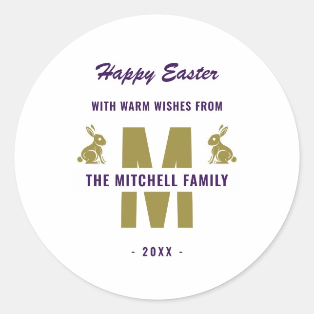 White Lila Gold Monogram Name Happy Ostersonne Runder Aufkleber (Vorderseite)